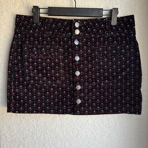 Free People We The Free Women 28 Mini‎ Skirt Black Corduroy Button Front Printed